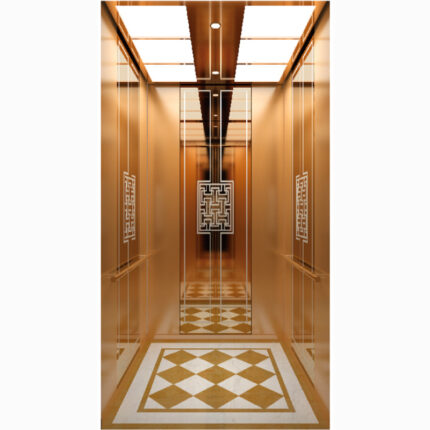 Cabina para Ascensor HF-J012 con Acabado en Oro Rosa y Piso Decorado